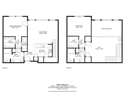 A floor plan for a two-story home with a living room, two bedrooms, a bathroom, a kitchen, and an open area to the basement.